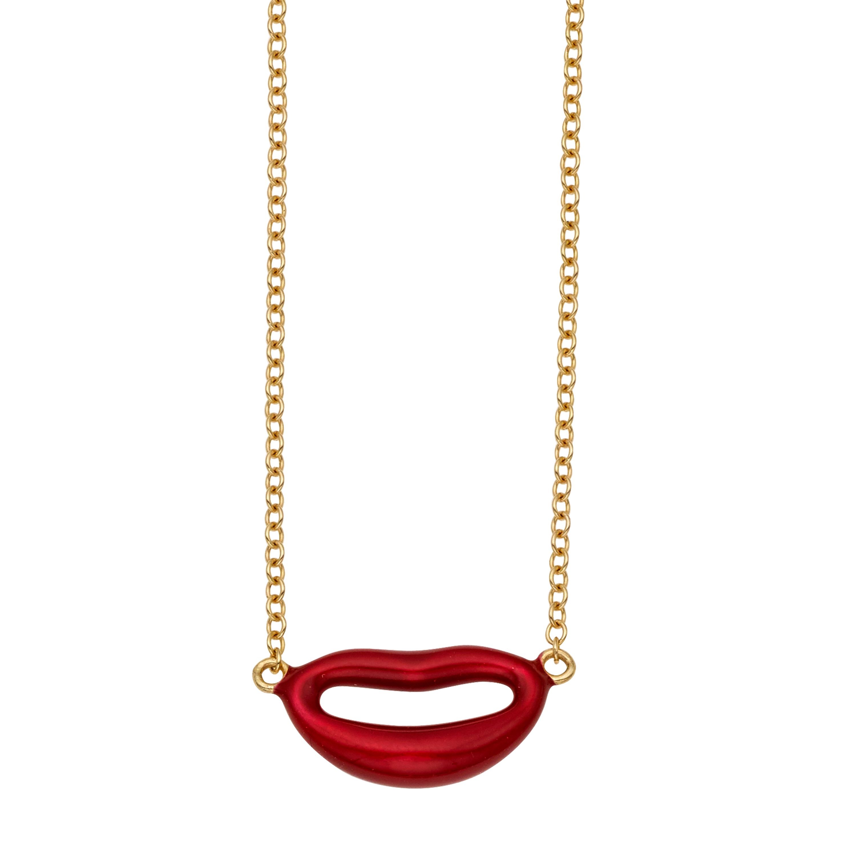 Yellow Gold Italian Kiss Red Enamel Necklace