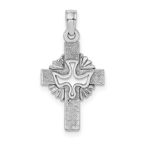 White Gold Cut-Out Dove on Cross Charm Pendant