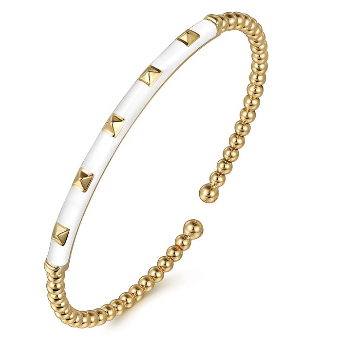 Gabriel & Co. White Enamel Pyramid Split Yellow Gold Flex Bangle