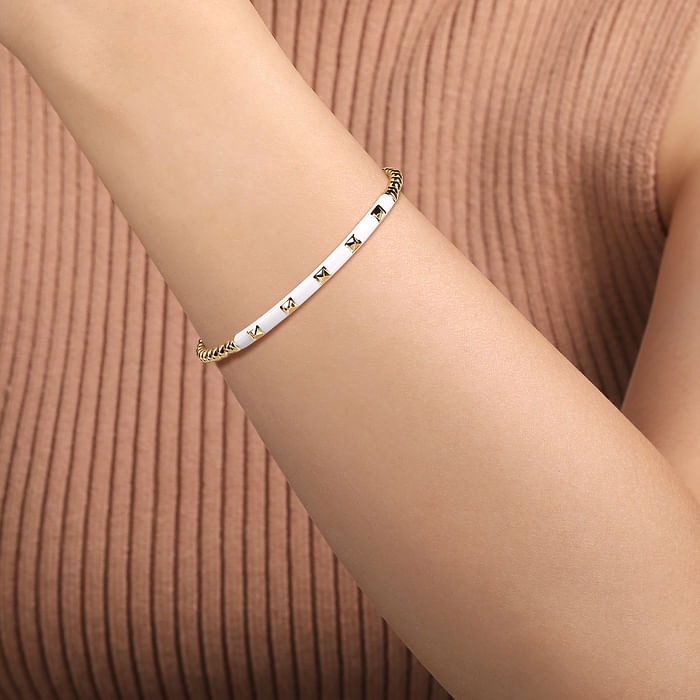 Gabriel & Co. White Enamel Pyramid Split Yellow Gold Flex Bangle