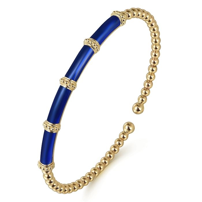 Gabriel & Co. Yellow Gold Bujukan Beads Dark Blue Enamel Split Bangle Bracelet