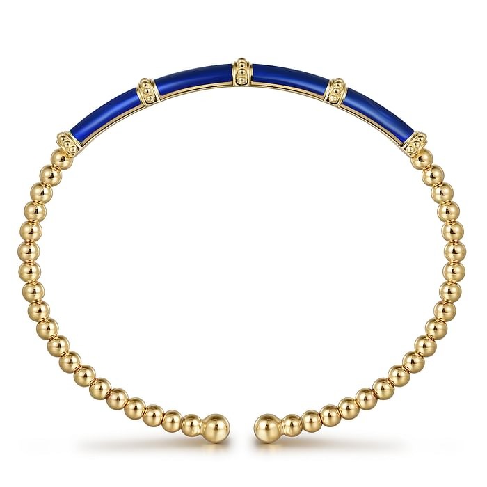Gabriel & Co. Yellow Gold Bujukan Beads Dark Blue Enamel Split Bangle Bracelet