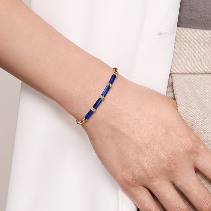 Gabriel & Co. Yellow Gold Bujukan Beads Dark Blue Enamel Split Bangle Bracelet