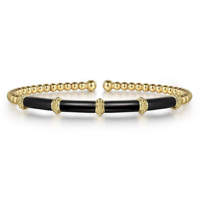 Yellow Gold Bujukan and Bar Split Bangle with Black Enamel l 7 1/2 inches