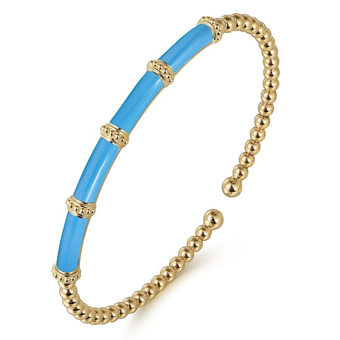 Yellow Gold and Dusk Blue Enamel Bar Split Bangle Bracelet l 6 1/2 inches