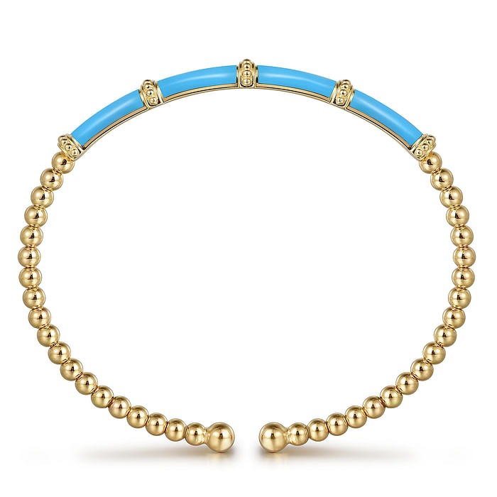 Yellow Gold and Dusk Blue Enamel Bar Split Bangle Bracelet l 6 1/2 inches