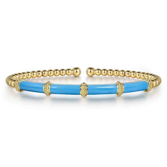 Yellow Gold and Dusk Blue Enamel Bar Split Bangle Bracelet l 6 1/2 inches