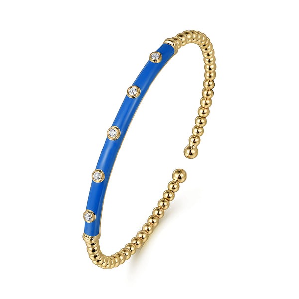 Yellow Gold 3/20ctw Diamond and Blue Enamel Split Bangle Bracelet l 6 1/2 inches