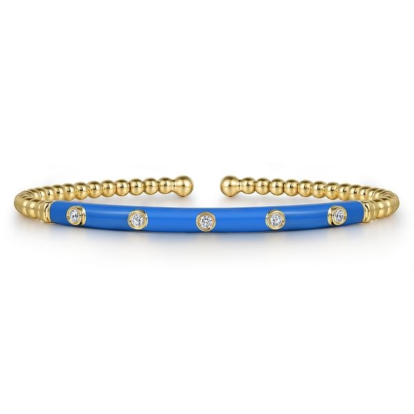 Yellow Gold 3/20ctw Diamond and Blue Enamel Split Bangle Bracelet l 6 1/2 inches