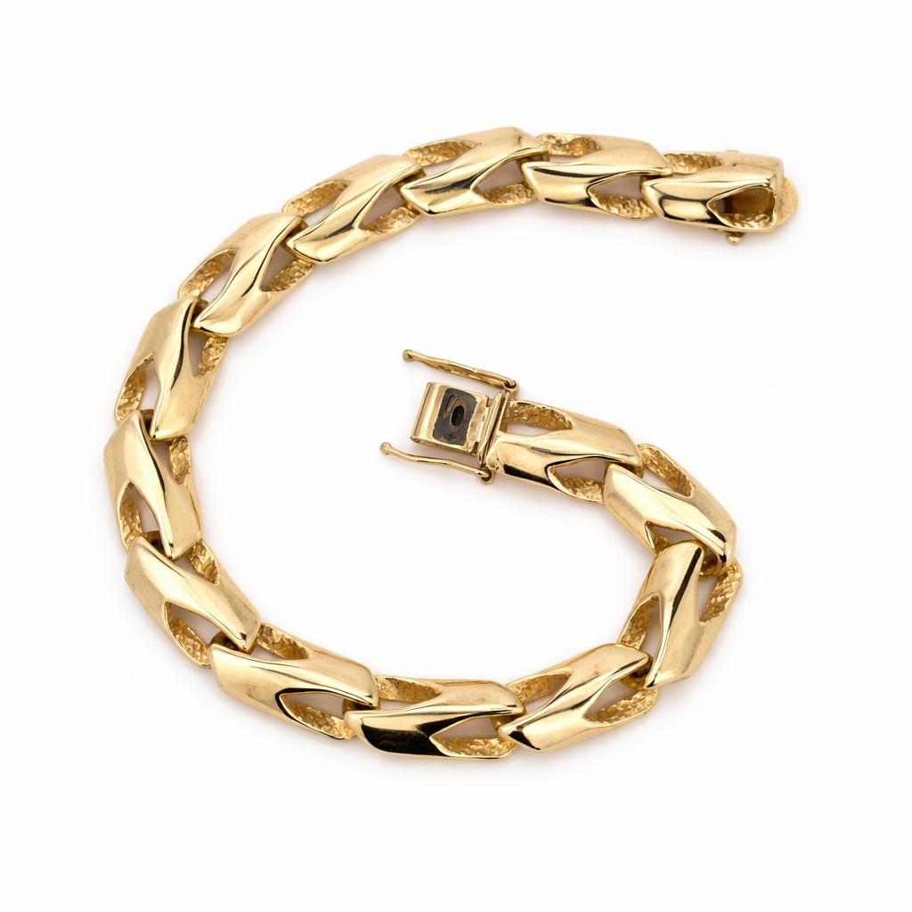 Yellow Gold Textured and Polished Yellow Gold Sculptural Link Chain Bracelet