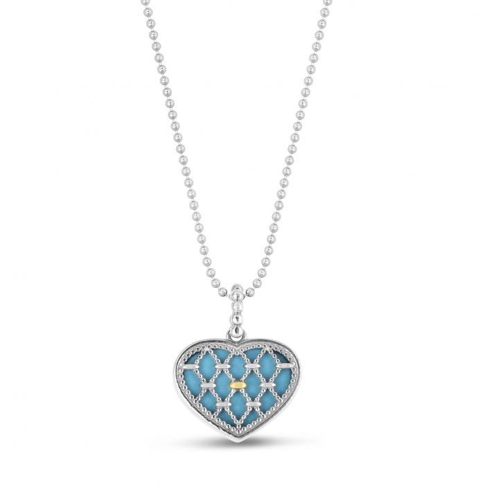 Silver & 18k Gold Turquoise paste Heart Pendant on Bead Chain