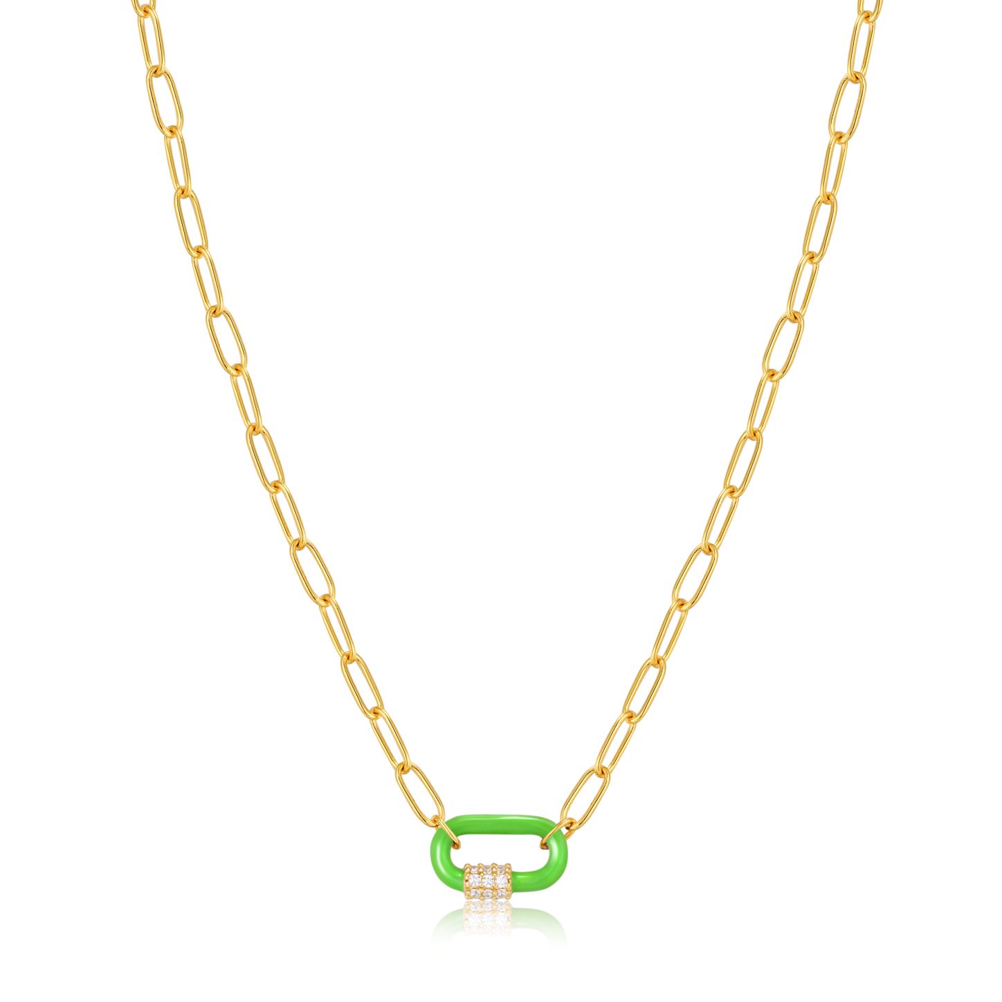 925 14KGP Neon Green Enamel Carabiner Gold Necklace Ania haie
