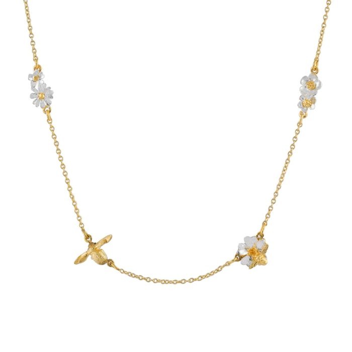 Alex Monroe Floral Chain Necklace with Teeny Tiny Bee l Sterling Silver with Gold-plate