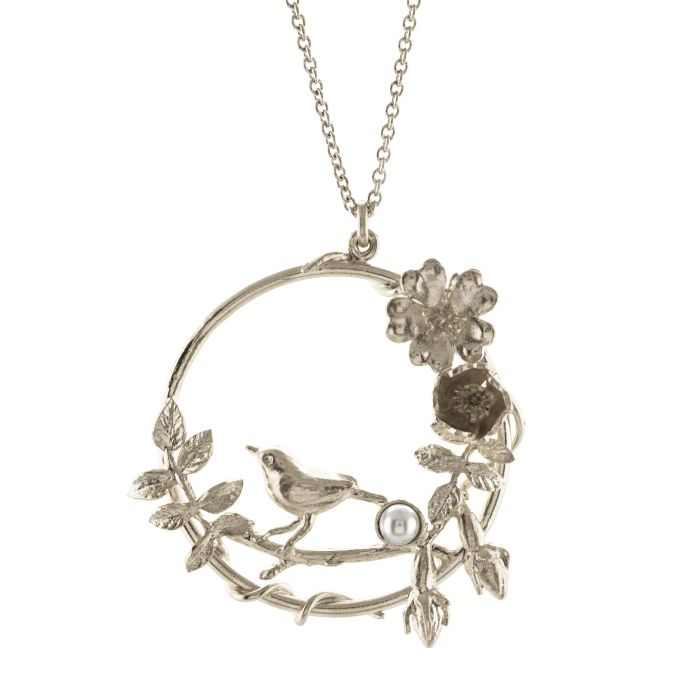 Alex Monroe Wildrose Bird & Pearl Pendant Necklace l Sterling Silver
