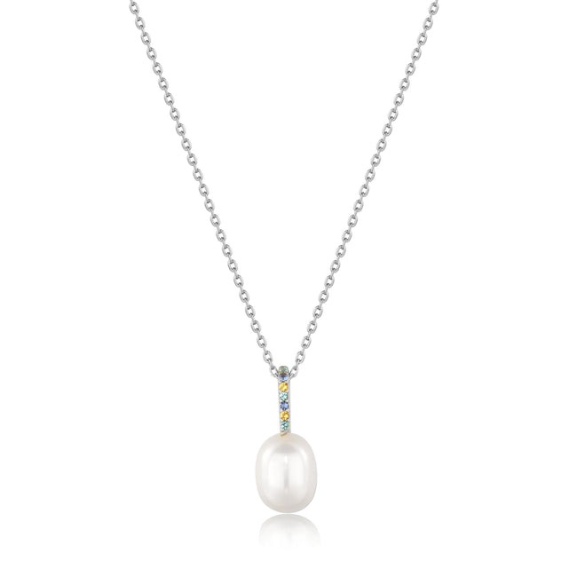 Silver  Gem Pearl Drop Pendant Necklace