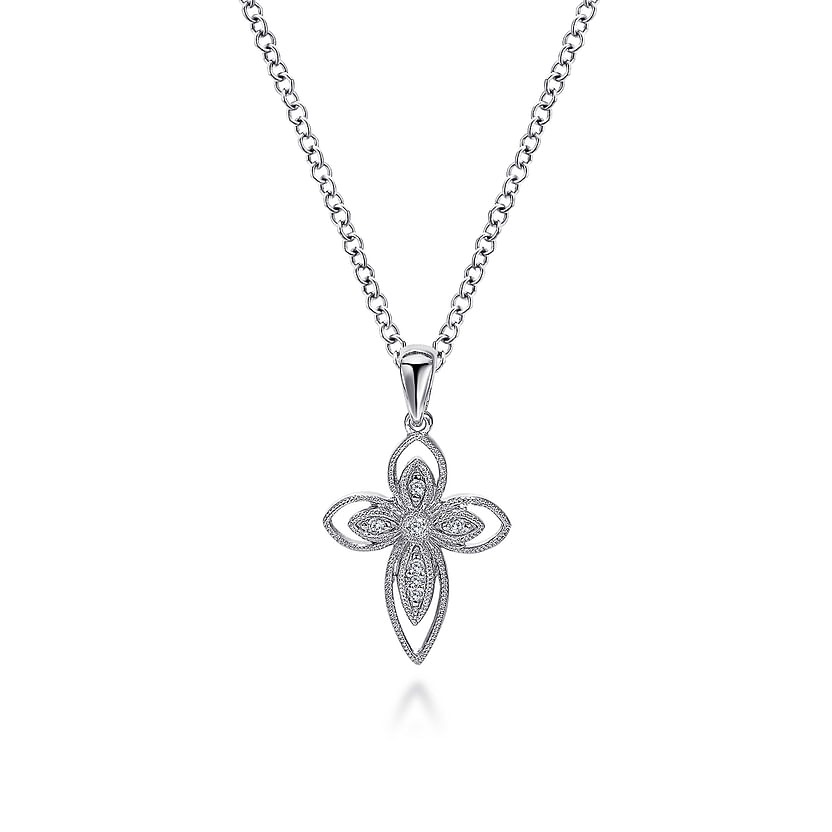 Sterling Silver Openwork Diamond Cross Pendant Necklace