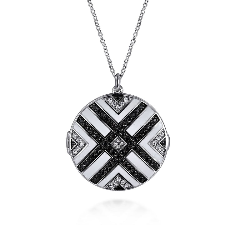 Sterling Silver White Sapphire and Black Spinel Enamel Locket Pendant Necklace