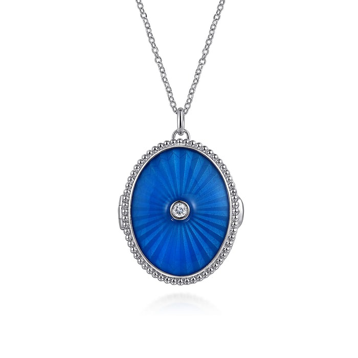 Sterling Silver White Sapphire Bujukan Locket Necklace with Blue Enamel