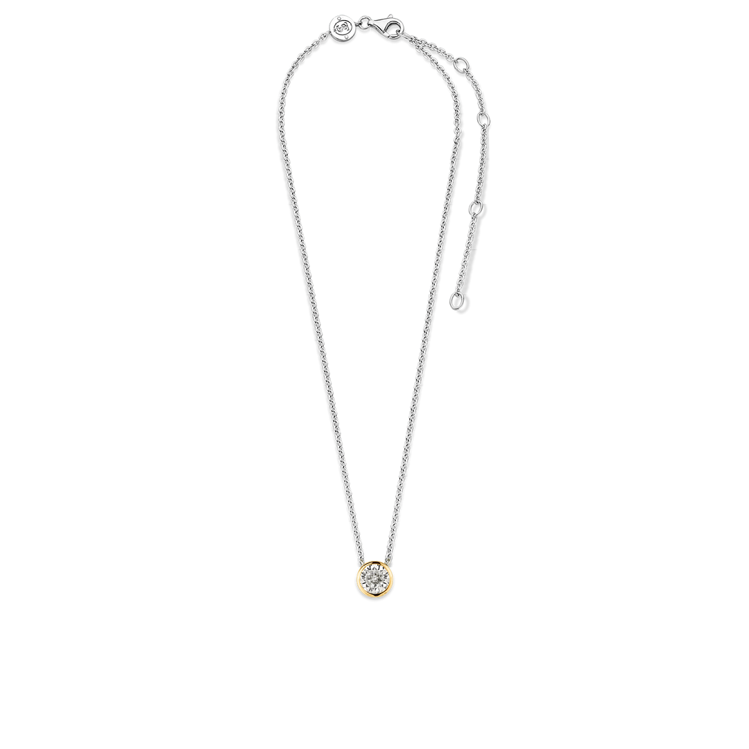 TI SENTO 3845ZY Silver, Gold-plate Round Bezel-set Zirconia Solitaire Pendant Necklace l 16 1/2 inches