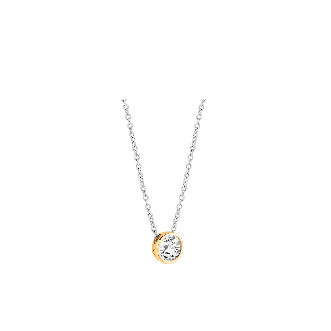 TI SENTO 3845ZY Silver, Gold-plate Round Bezel-set Zirconia Solitaire Pendant Necklace l 16 1/2 inches