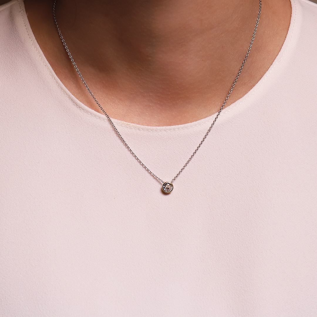 TI SENTO 3845ZY Silver, Gold-plate Round Bezel-set Zirconia Solitaire Pendant Necklace l 16 1/2 inches
