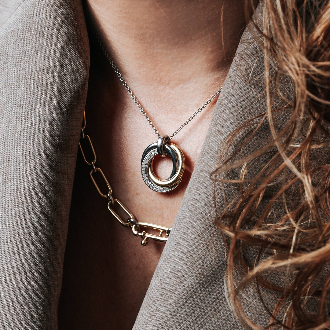TI SENTO 34055ZY Silver and Gold-plate wiht Zirconia Double Circle Pendant Necklace