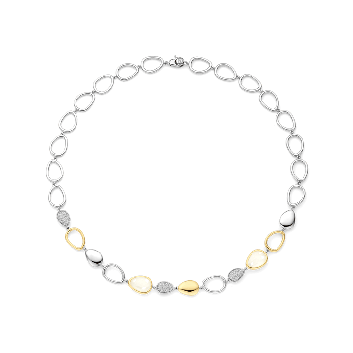 TI SENTO Sterling Silver, Gold-plate Zirconia and Mother Of Pearl Chain Link Necklace l 17 1/3 inches