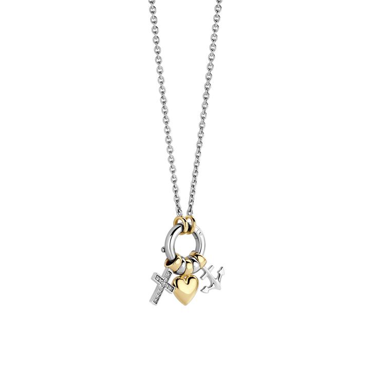 TI SENTO Sterling Silver, Gold-plate with Zirconia Faith Hope and Charity Pendant Necklace l 16 1/2 inches