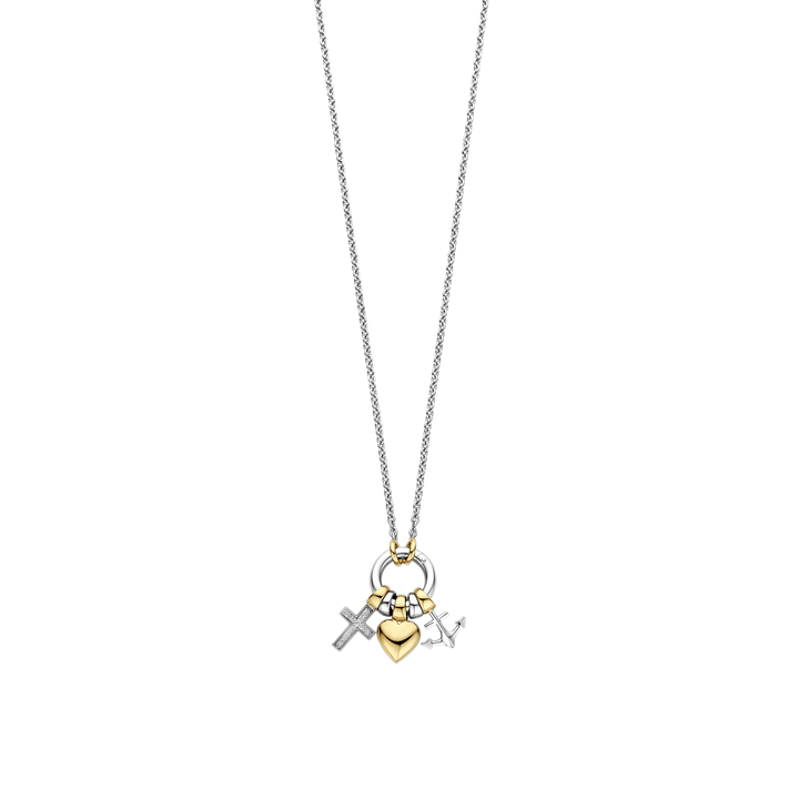 TI SENTO Sterling Silver, Gold-plate with Zirconia Faith Hope and Charity Pendant Necklace l 16 1/2 inches