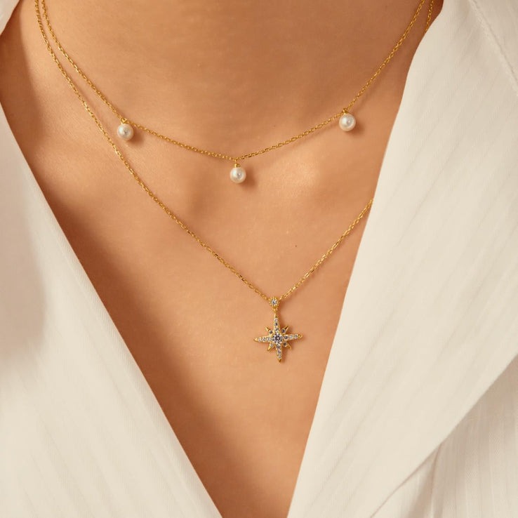 ANIA HAIE Sterling Silver, Gold-plate Shell Pearl Station Necklace l 17 1/3 inches