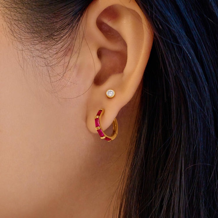 ANIA HAIE Sterling Silver, Gold-plate Red Zirconium Holiday Huggie Hoop Earrings