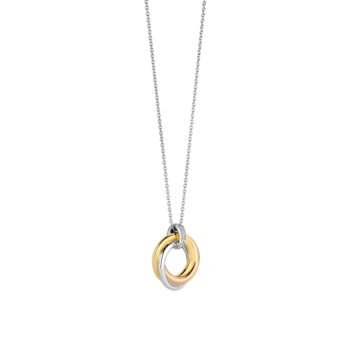 TI SENTO Sterling Silver, Gold-plate Rose, White & Yellow Gold Triple Circle Necklace l 16 1/2 inches