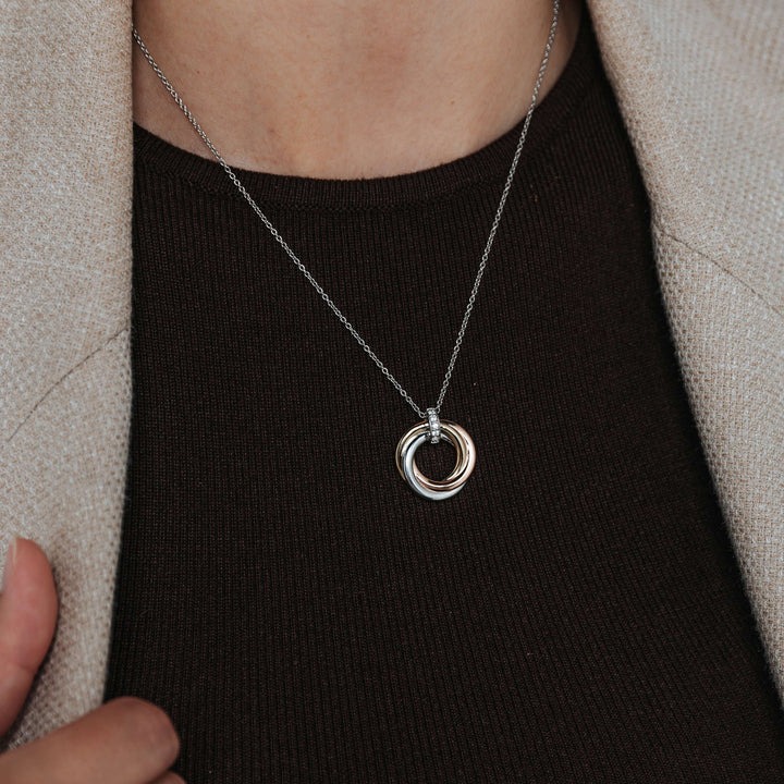 TI SENTO Sterling Silver, Gold-plate Rose, White & Yellow Gold Triple Circle Necklace l 16 1/2 inches