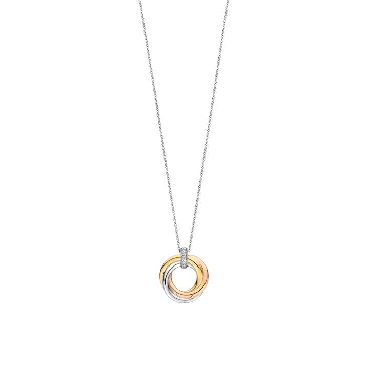 TI SENTO Sterling Silver, Gold-plate Rose, White & Yellow Gold Triple Circle Necklace l 16 1/2 inches