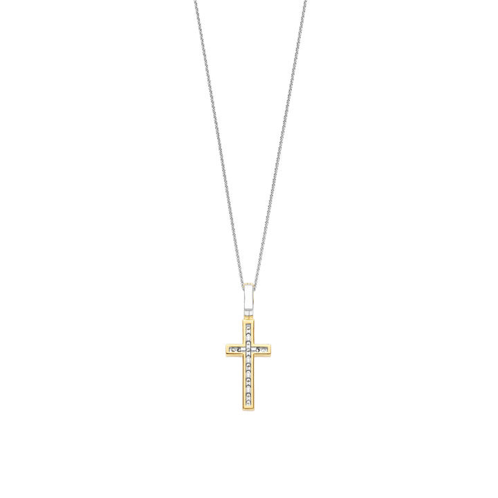 TI SENTO Sterling Silver, Gold-plate Zirconia Cross Pendant Necklace l 17 3/4 inches