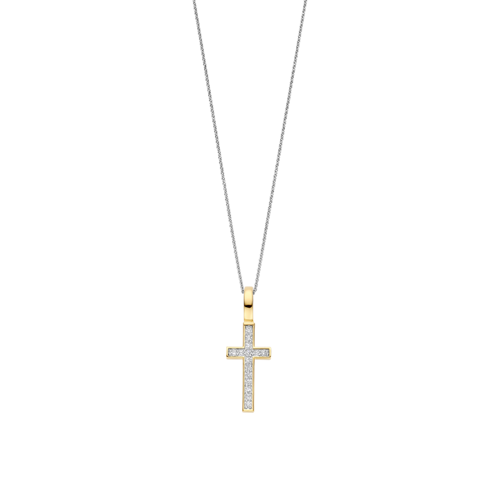 TI SENTO Sterling Silver, Gold-plate Zirconia Cross Pendant Necklace l 17 3/4 inches