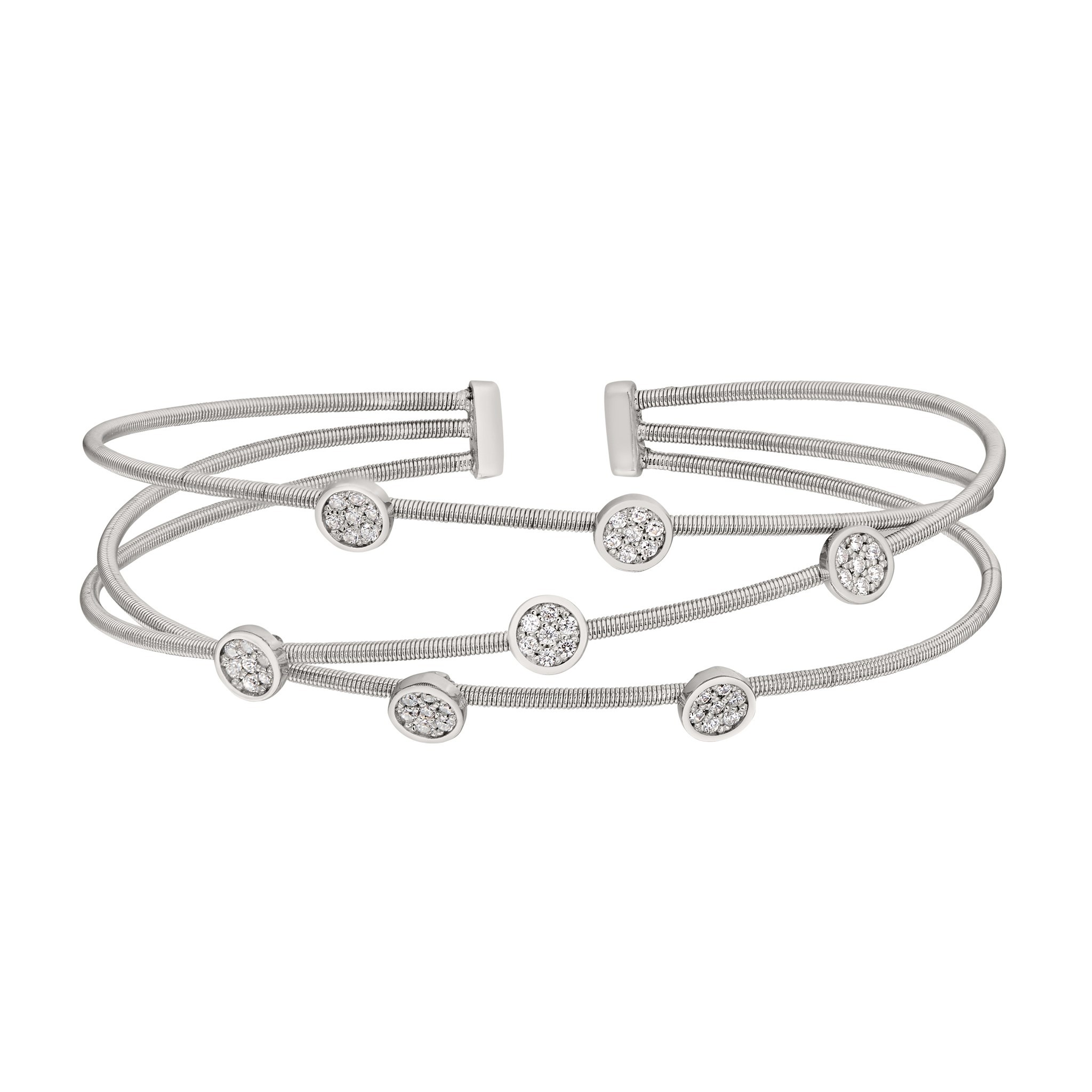 Rhodium Finish Sterling Silver Three Cable Cuff Bracelet with Small Circles