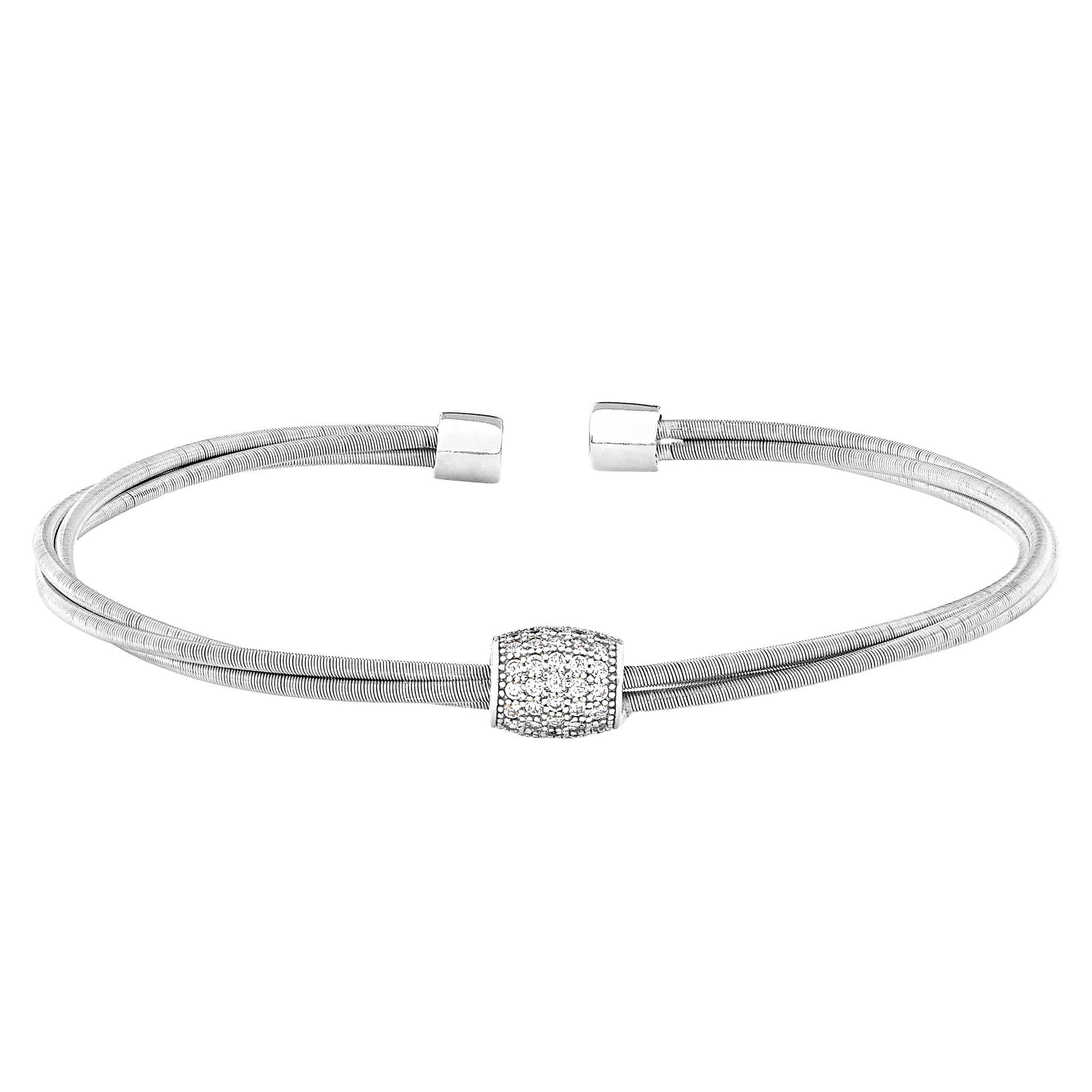 Rhodium Finish Sterling Silver Three Cable Cuff Bracelet with Five Row Barrel