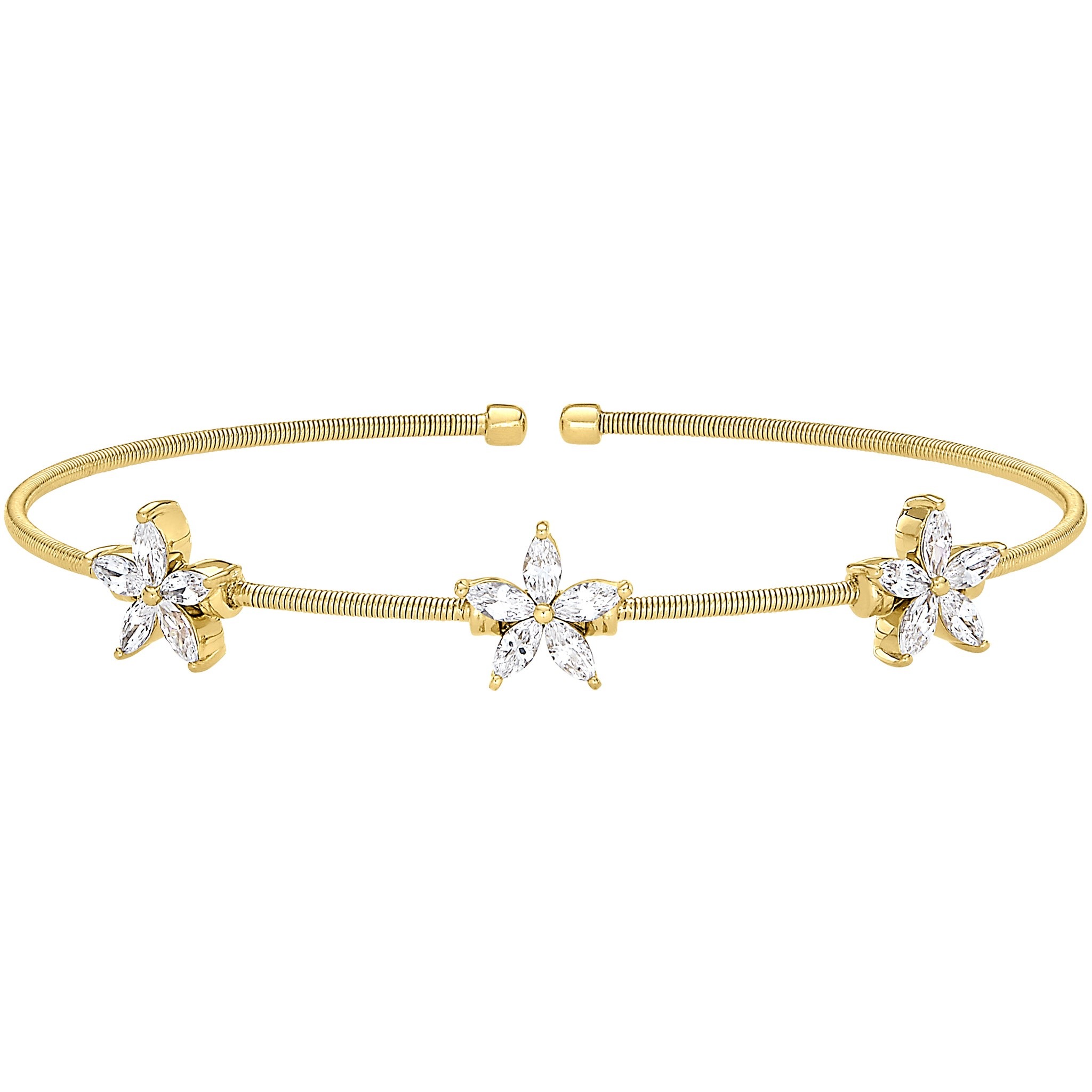 Gold Finish Sterling Silver Cable Cuff Bracelet with Simulated Diamond Flowers