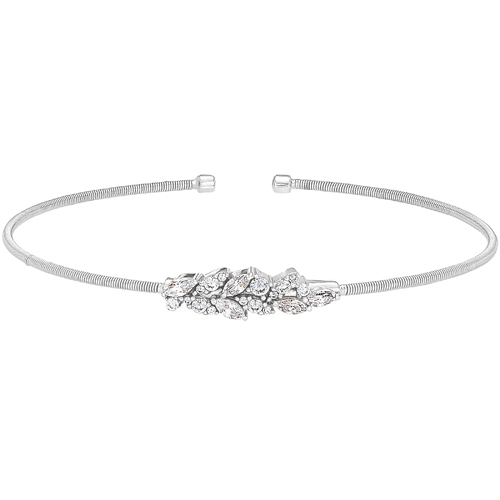 Rhodium Finish Sterling Silver Cable Cuff Bracelet with Leaf Pattern
