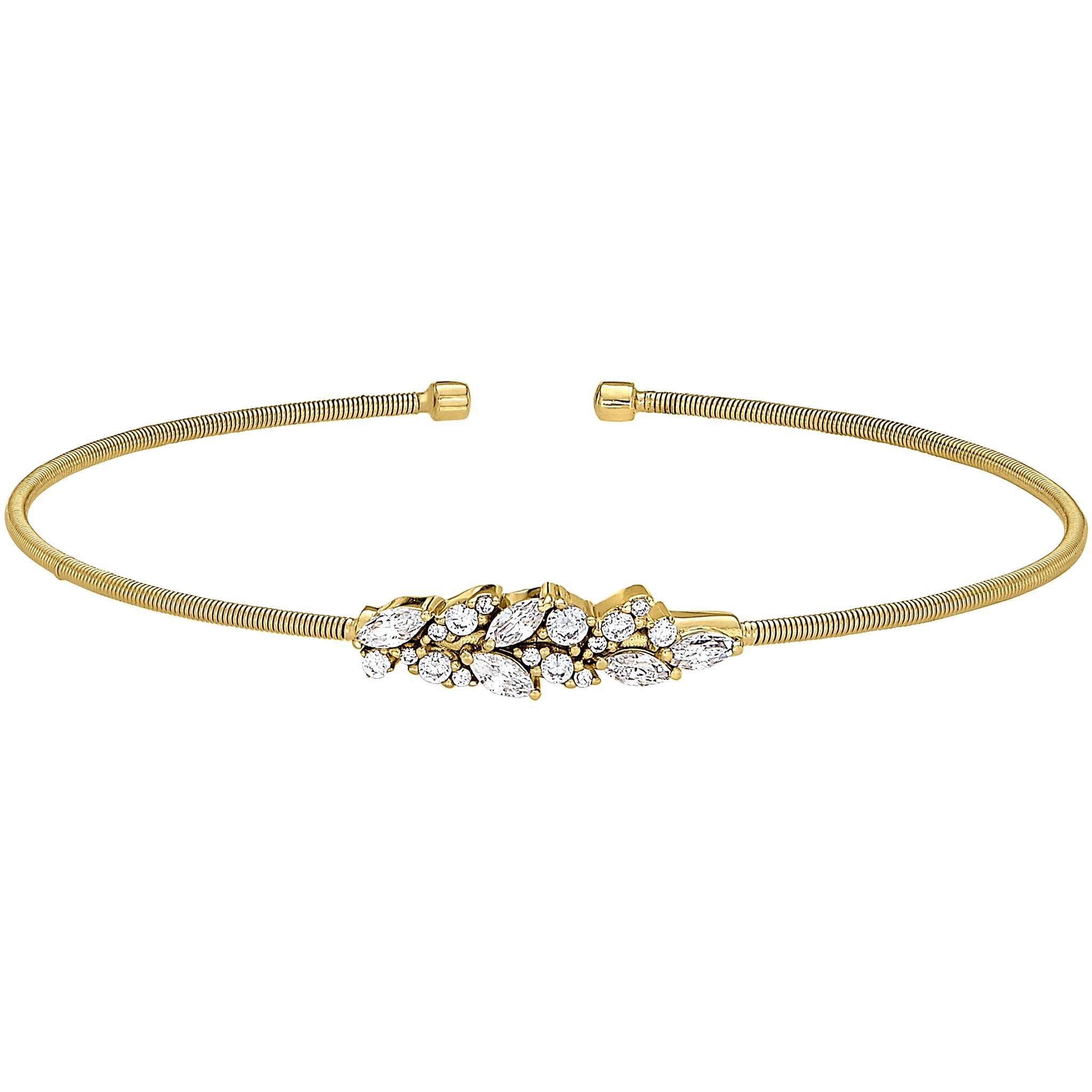 Gold Finish Sterling Silver Cable Cuff Bracelet w/Simulated Diamond Leaf Pattern