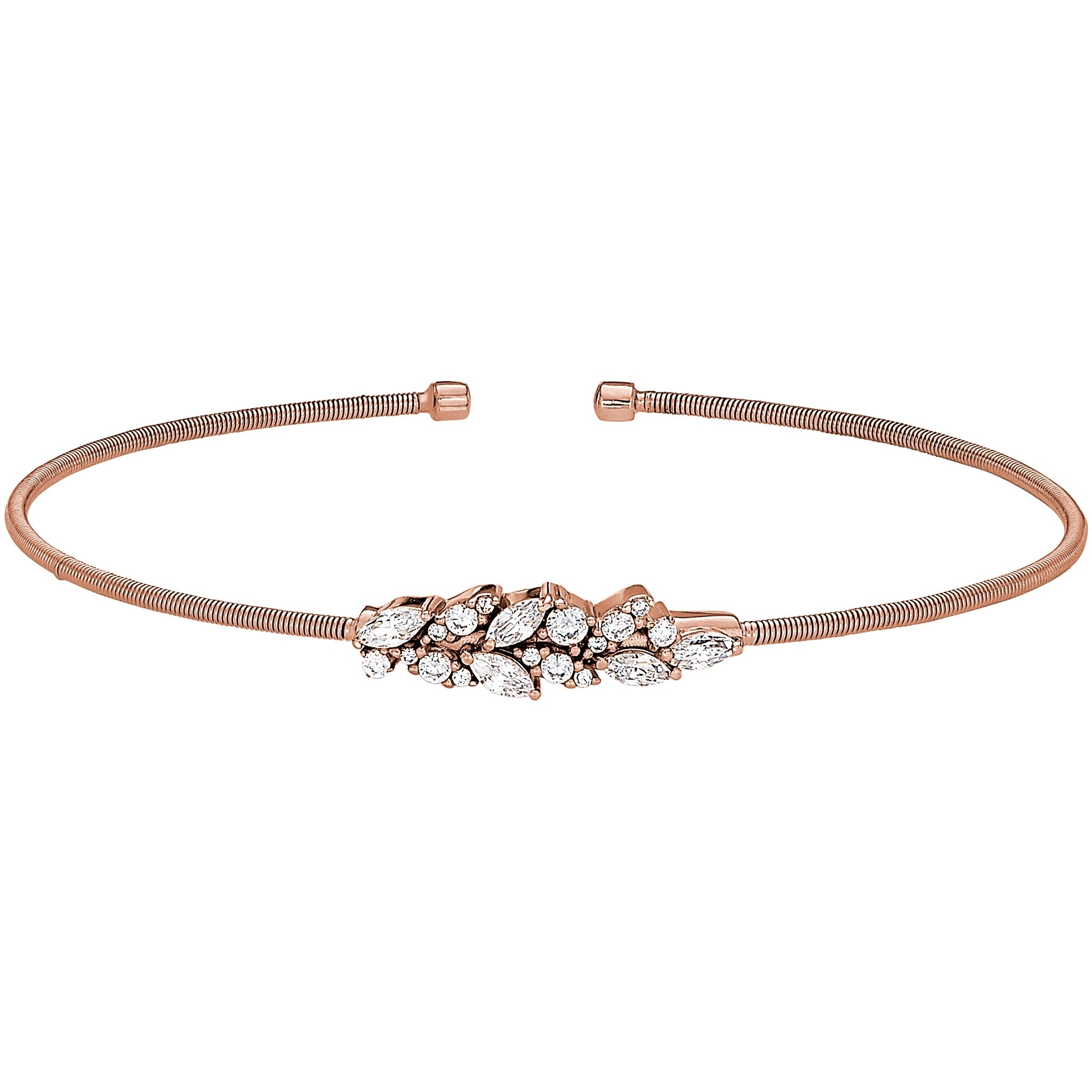 Rose Gold Finish Sterling Silver Cable Cuff Bracelet w/Simulated Diamond Leaf Pattern