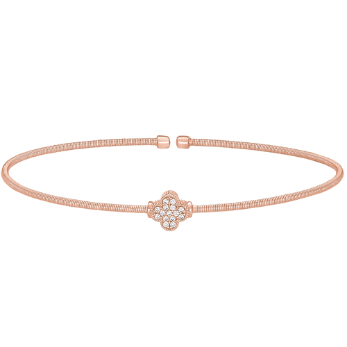 Rose Gold Finish Sterling Silver Cable Cuff Bracelet with Clover Design