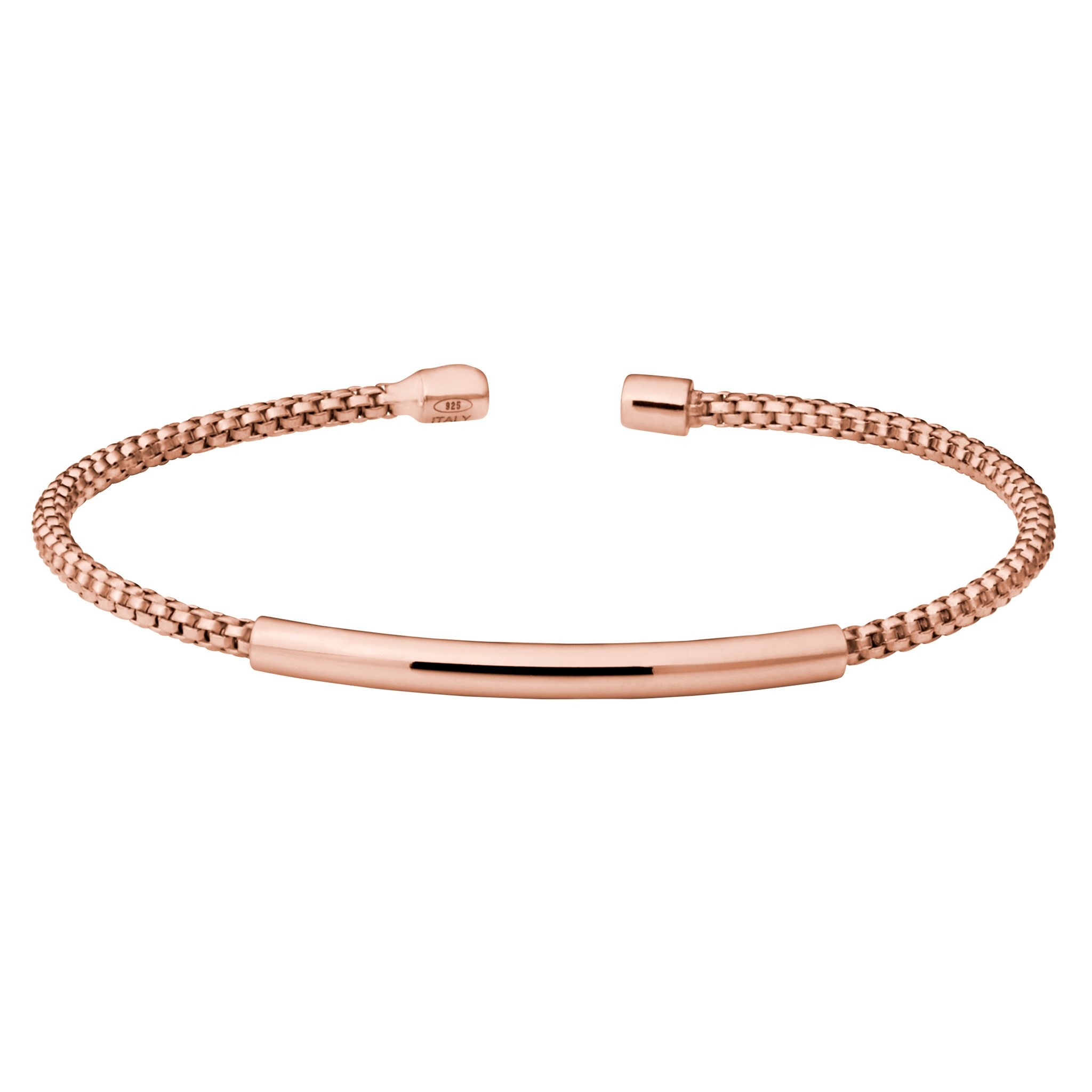 Rose Gold Finish Sterling Silver Rounded Box Link Cuff Bracelet w/High Polished Bar
