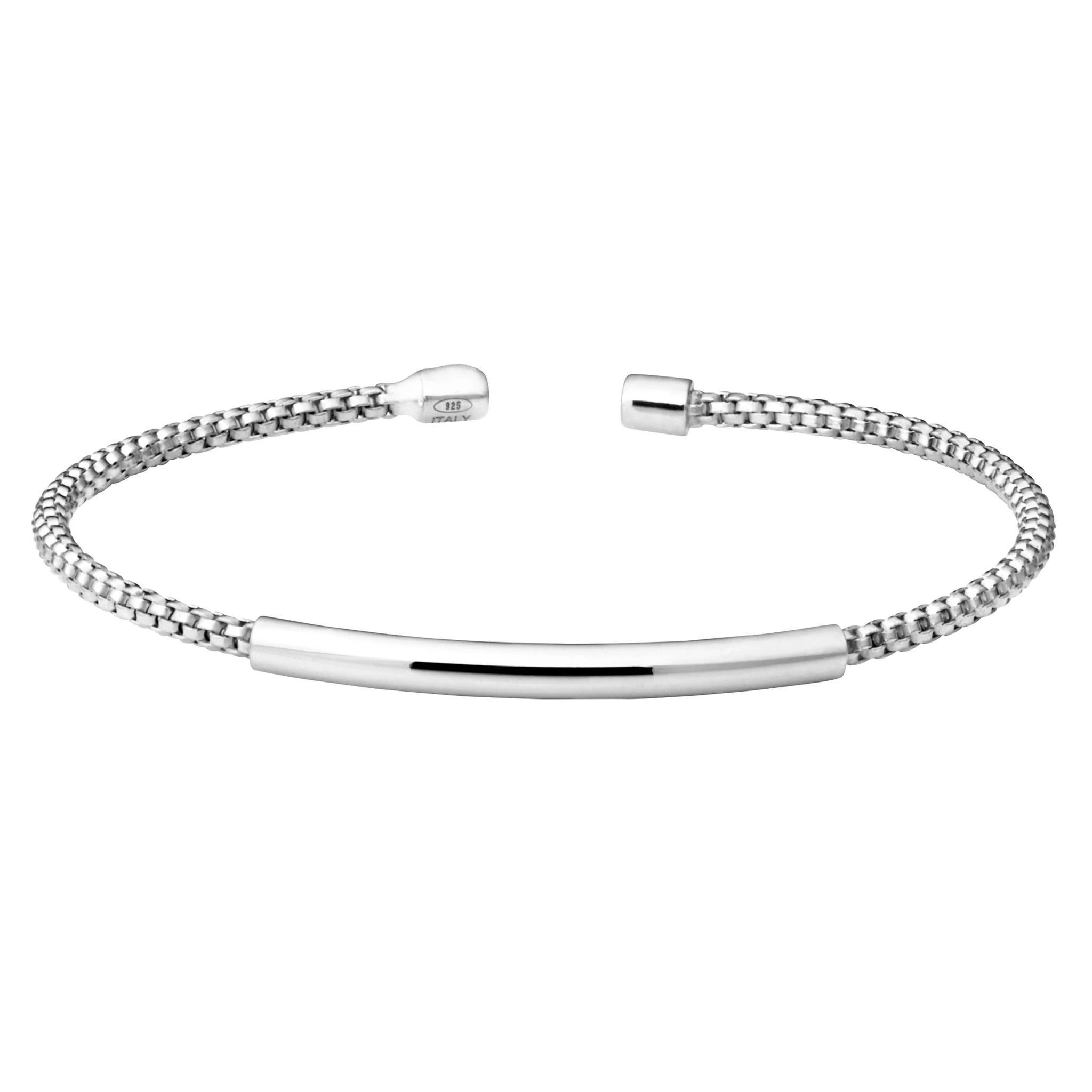 Rhodium Finish Sterling Silver Rounded Box Link Cuff Bracelet w/High Polished Bar
