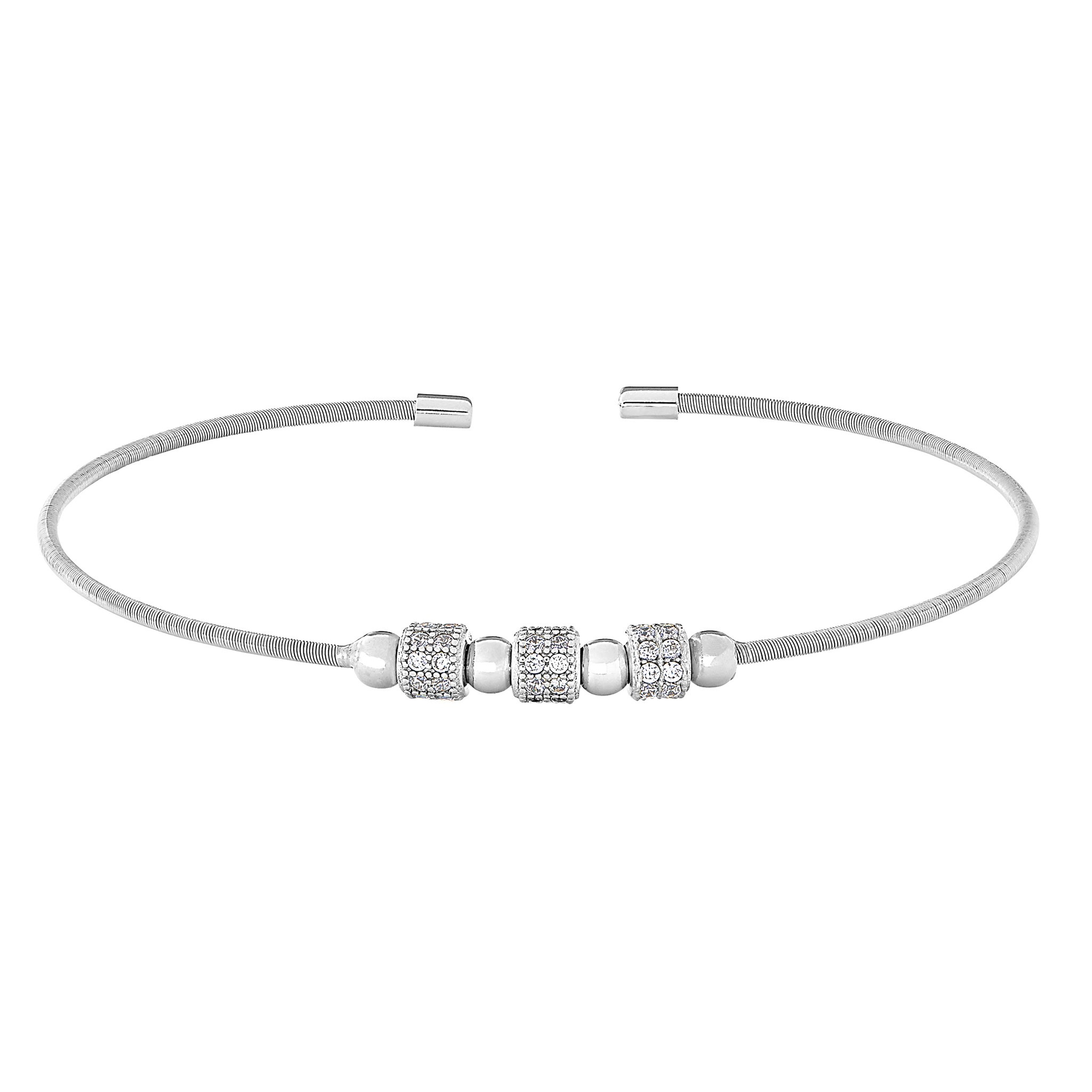 Rhodium Finish Sterling Silver Cable Cuff Bracelet w/Three Spinning Simulated Diamond Beads