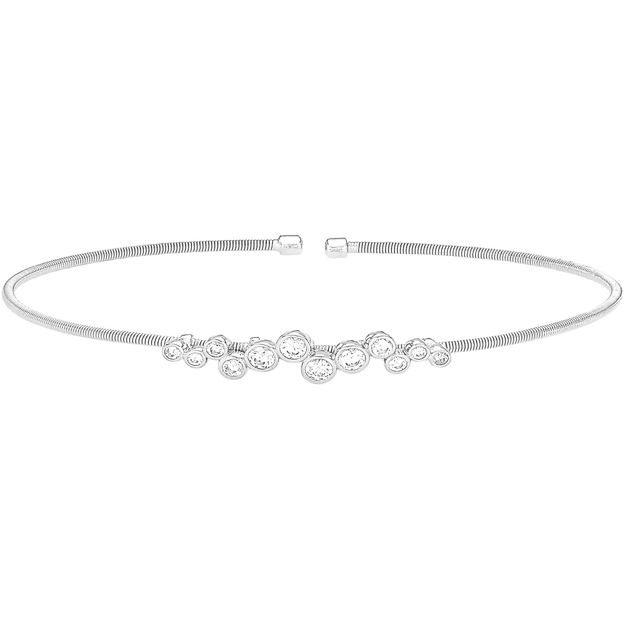 Rhodium Finish Sterling Silver Cable Cuff Bracelet with Bubble Pattern Simulated Diamonds