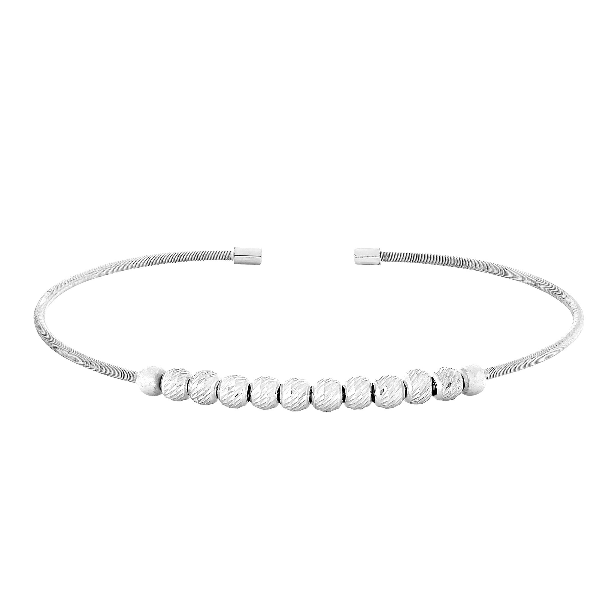 Rhodium Finish Sterling Silver Cable Cuff Bracelet w/Ten Diamond Cut Spinning Beads