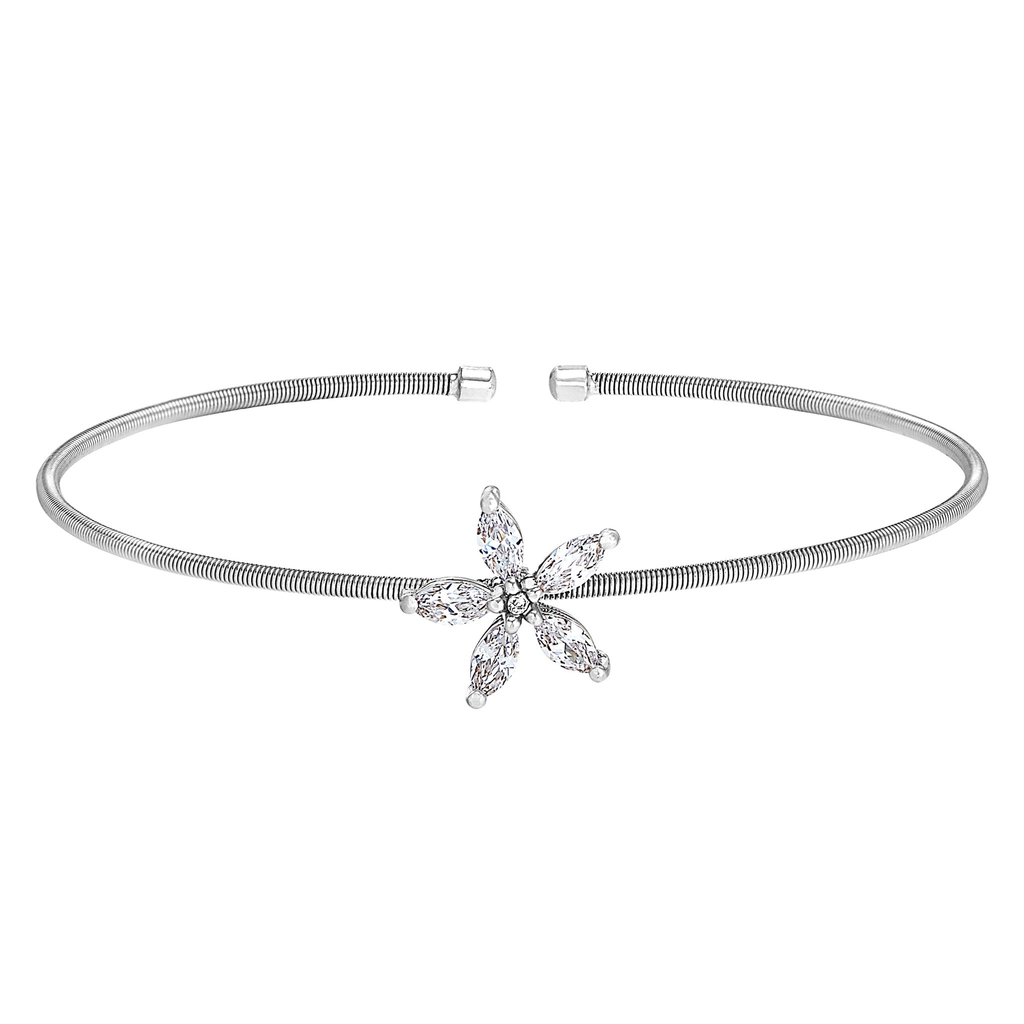 Rhodium Finish Sterling Silver Cable Cuff Flower Bracelet