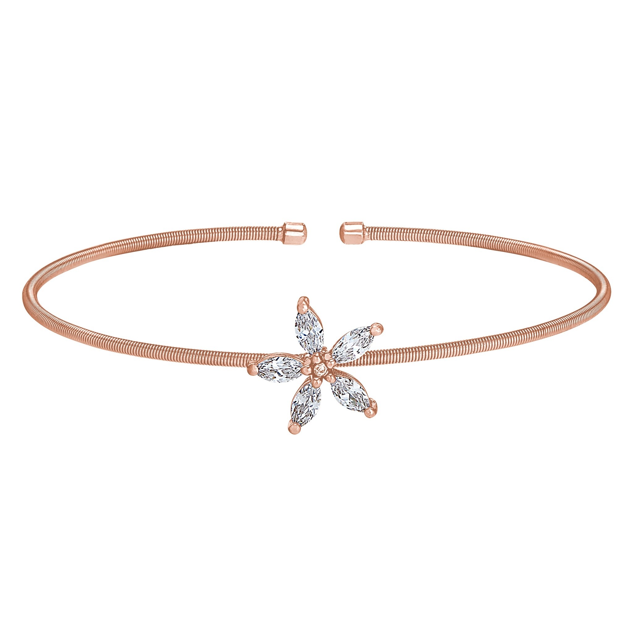 Rose Gold Finish Sterling Silver Cable Cuff Flower Bracelet